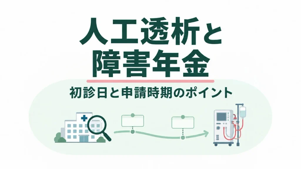 人工透析と障害年金の初診日・申請時期。病院と虫眼鏡から透析装置へ続く経過を示すイラスト