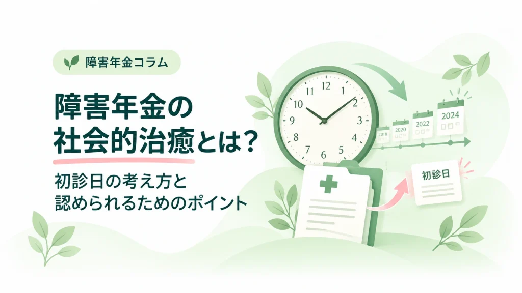 時計と年表、医療記録のイラストで、障害年金の社会的治癒と初診日の考え方を表した画像