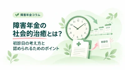 時計と年表、医療記録のイラストで、障害年金の社会的治癒と初診日の考え方を表した画像