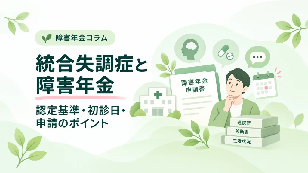 統合失調症と障害年金について、男性と医療機関、申請書、通院歴・診断書を描いたイラスト