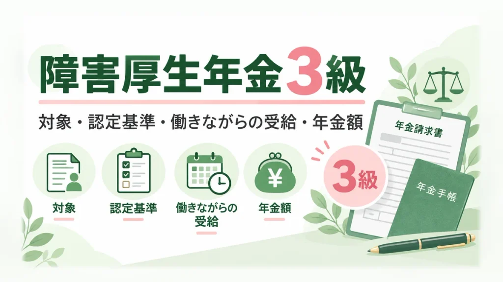 障害厚生年金3級の対象・認定基準・働きながらの受給・年金額を示すイラスト